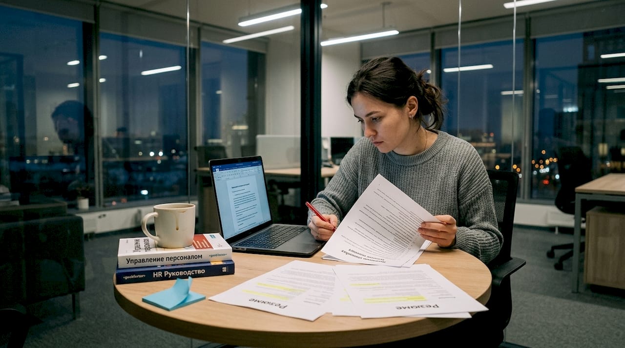 Женщина готовится к собеседованию: составляет список важных вопросов и обновляет своё резюме.