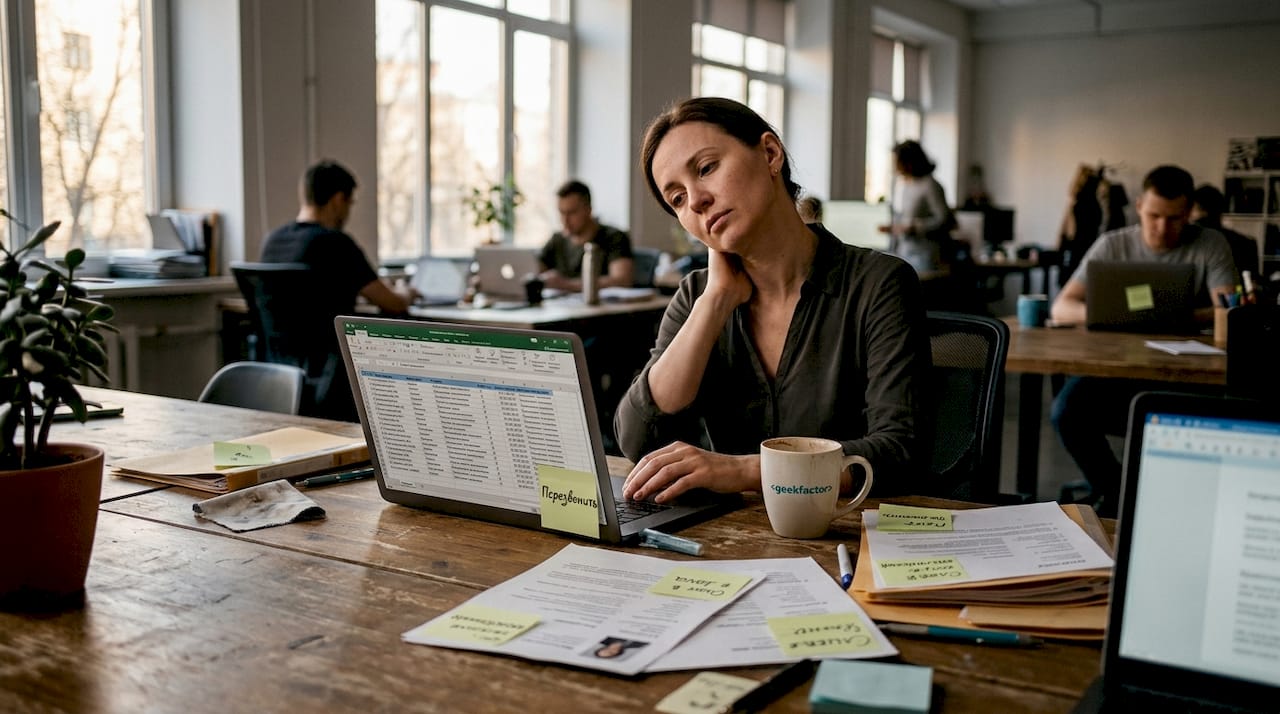 Уставший рекрутер просматривает бесконечные таблицы на работе.