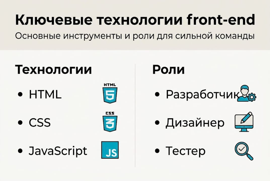 Инфографика, показывающая основные технологии и роли во front-end разработке
