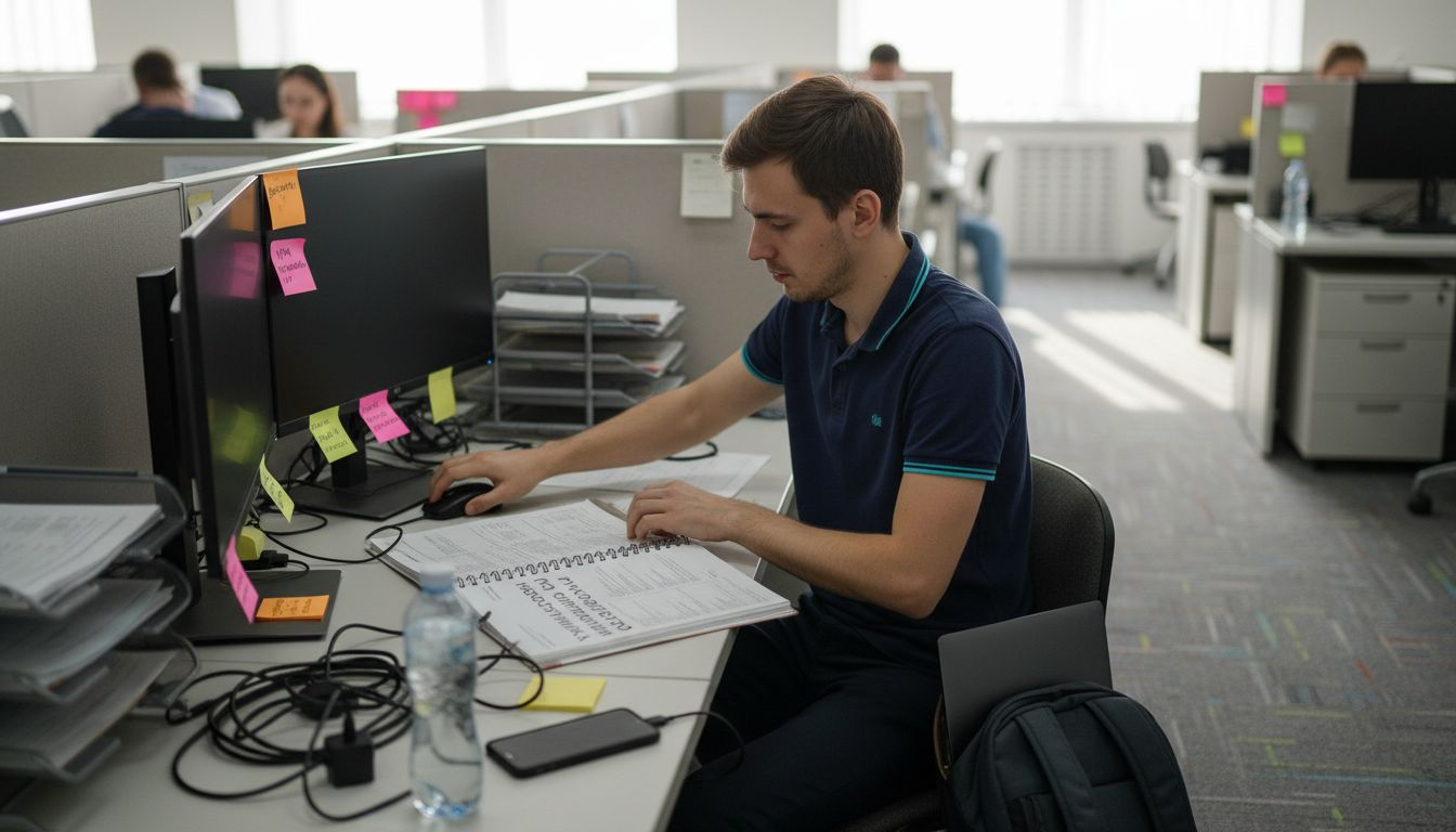 Сотрудник IT-направления обустраивает своё рабочее место в период адаптации.