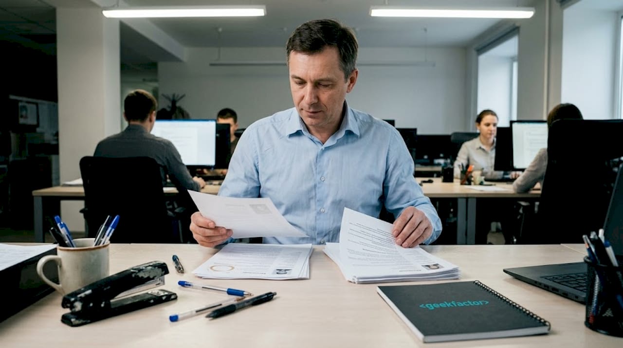 Эйчар перебирает стопку бумажных резюме за рабочим столом.