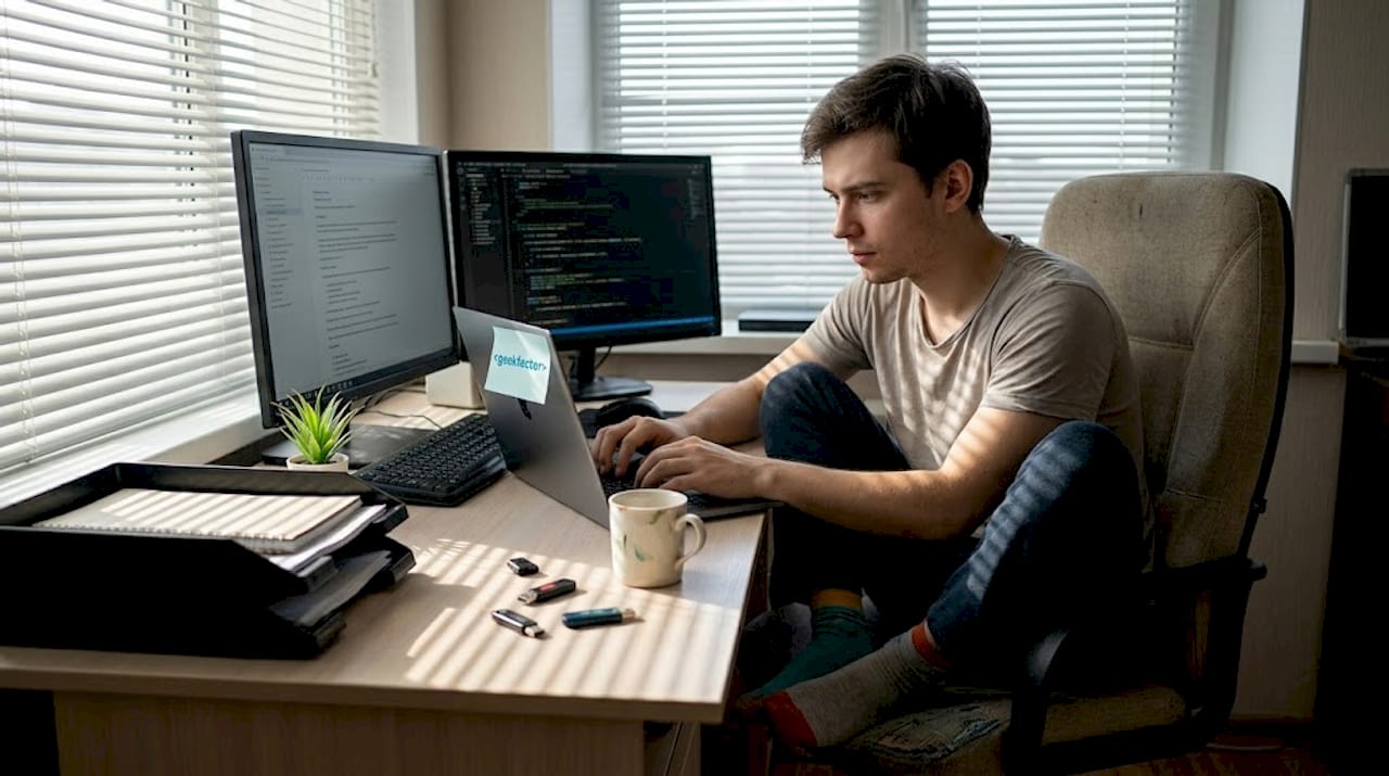 Программист за работой в домашнем кабинете
