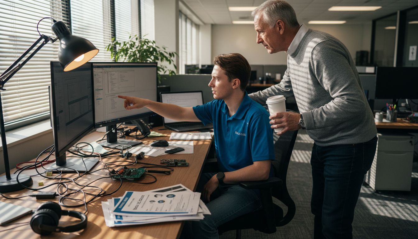 IT onboarding scene with mentor and newcomer