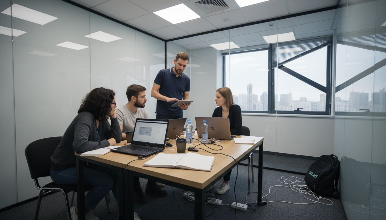 Команда айти-специалистов обсуждает рабочие вопросы в прозрачной переговорной.