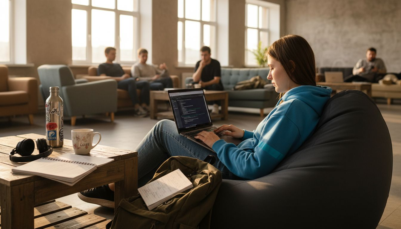 Айтишник пишет код, удобно расположившись в уютной зоне отдыха офиса.