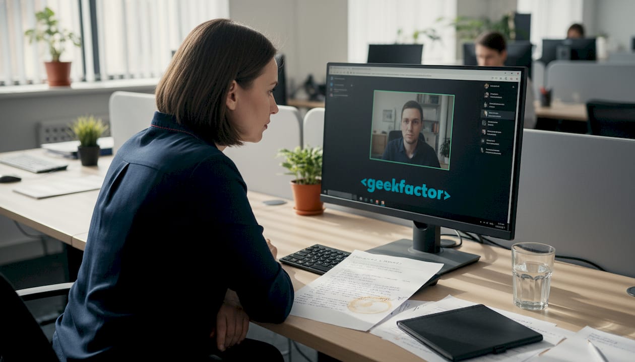 Эксперт проводит техническое собеседование за рабочим столом.