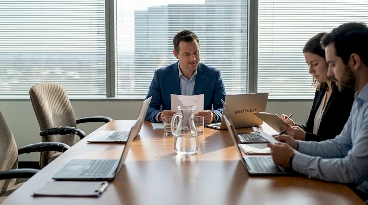 На собеседовании сотрудники компании обсуждают с кандидатом его опыт и профессиональные качества за круглым столом переговорной.