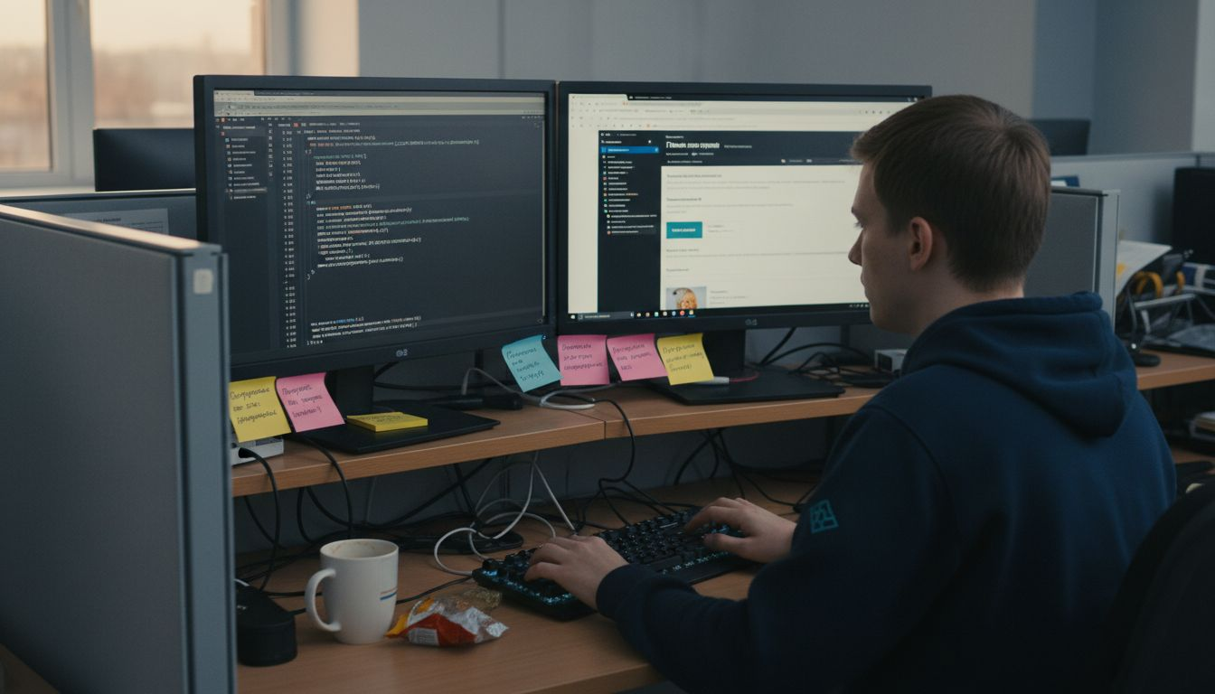 Разработчик работает за компьютером, используя два монитора на рабочем столе.