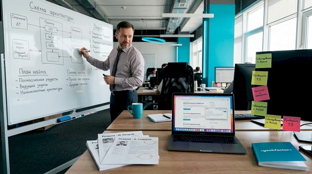 IT-менеджер занимается поиском новых специалистов, работая за ноутбуком.