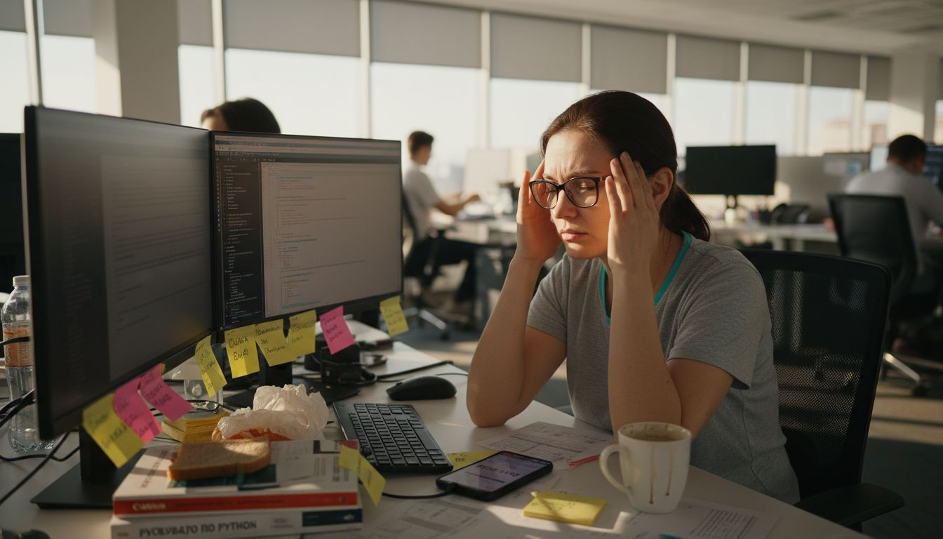 Уставший айтишник сидит за заваленным бумагами рабочим столом в шумном опенспейсе.