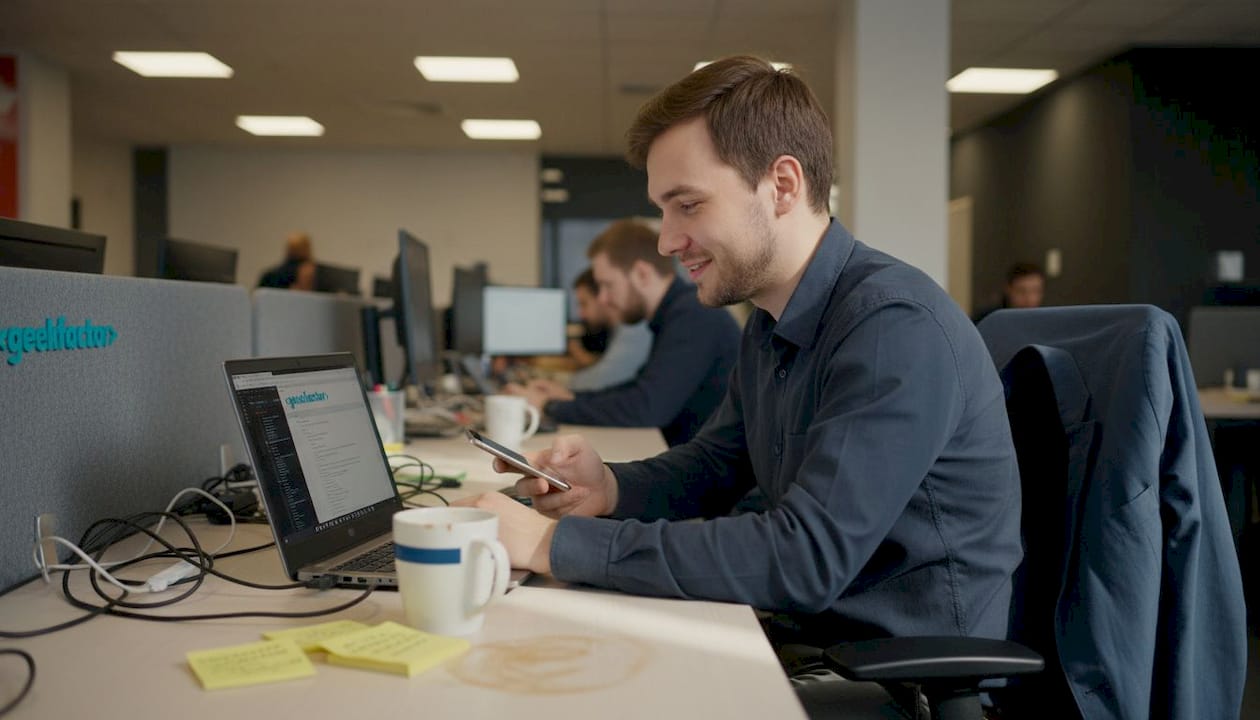 Разработчик смотрит свою зарплату, сидя за общим столом в офисе open space.