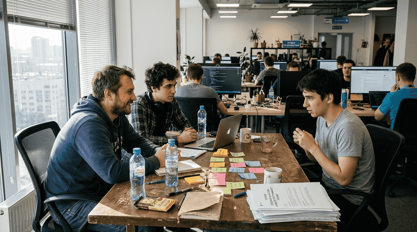 Команда проводит собеседование на айти-вакансию в дружеской и непринужденной атмосфере.