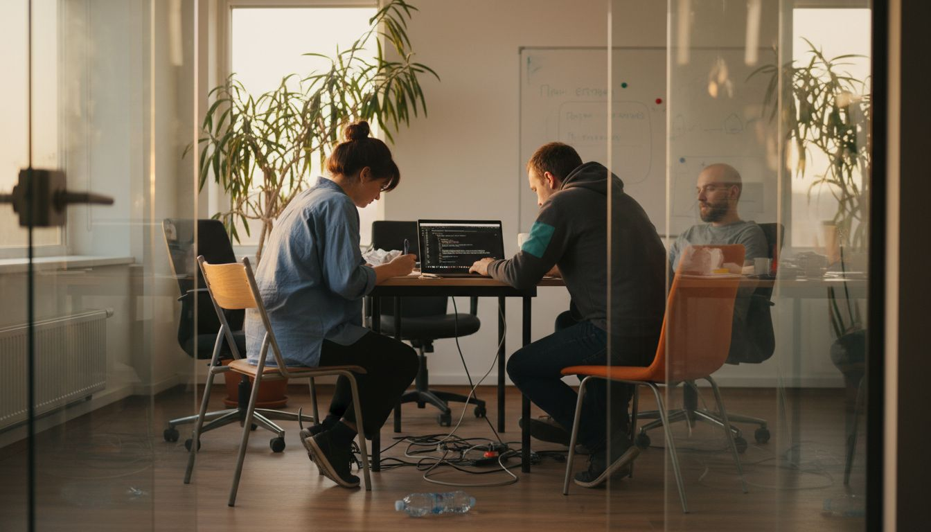 Команда IT специалистов обсуждает рабочие вопросы в переговорной с панорамными стеклянными стенами.