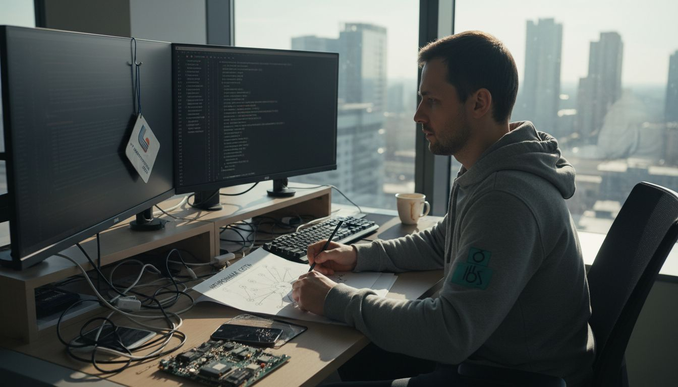 Архитектор искусственного интеллекта за заваленным бумагами рабочим столом.