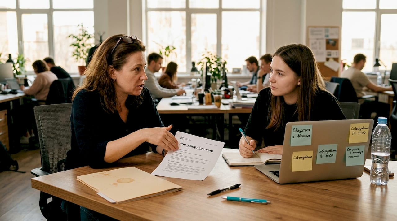 Руководитель команды обсуждает детали с рекрутером в офисе с открытой планировкой.