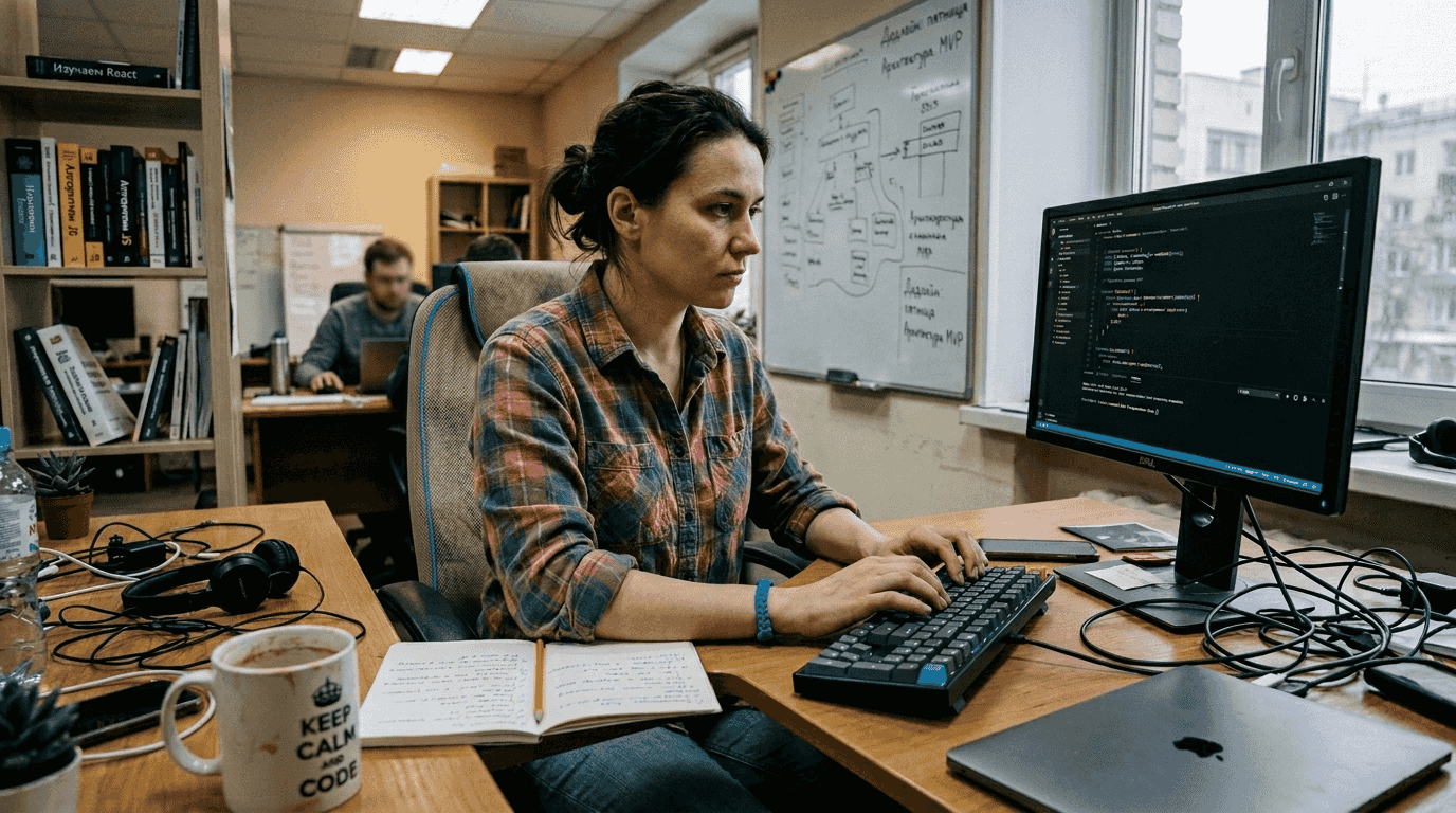 Фронтенд-разработчик внимательно проверяет код за рабочим столом.