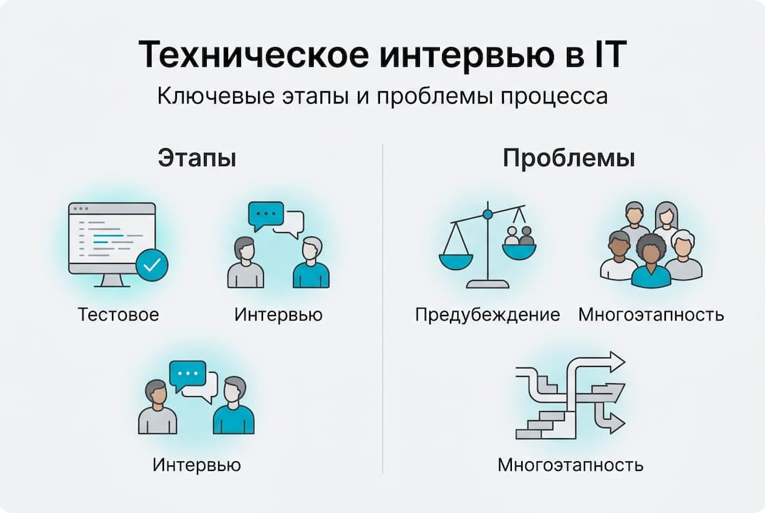 Инфографика: этапы и типичные сложности технического собеседования