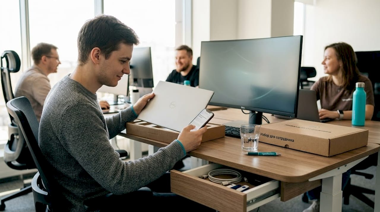 Новый сотрудник обживается на рабочем месте в современном офисе, разбирая свои вещи на столе.