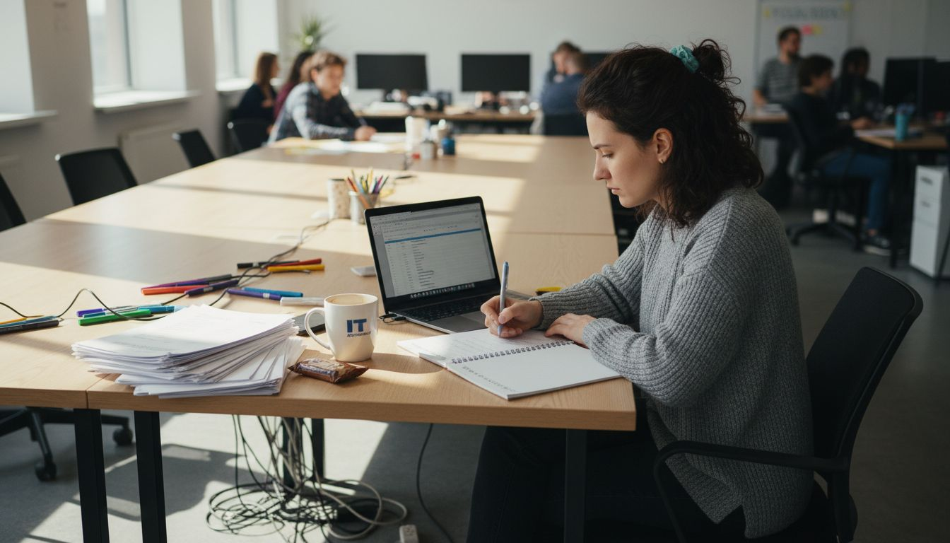 В офисе специалист внимательно просматривает резюме кандидата на IT-вакансию.