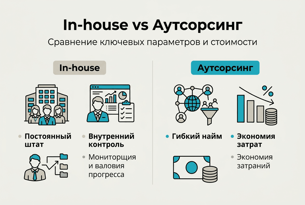 Инфографика: плюсы и минусы собственного отдела и работы с подрядчиками