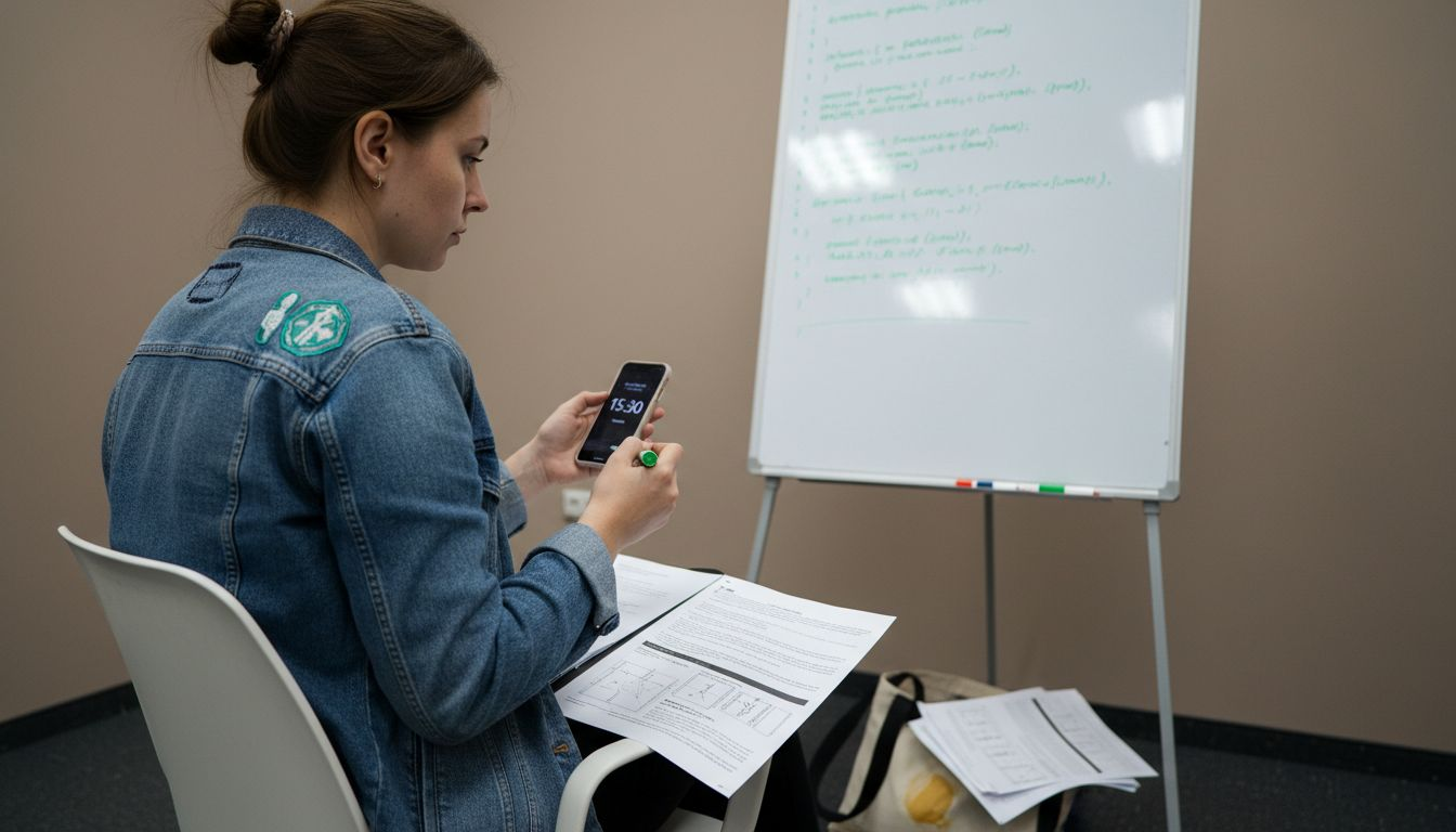 Девушка готовится к собеседованию, решая задачи на доске.