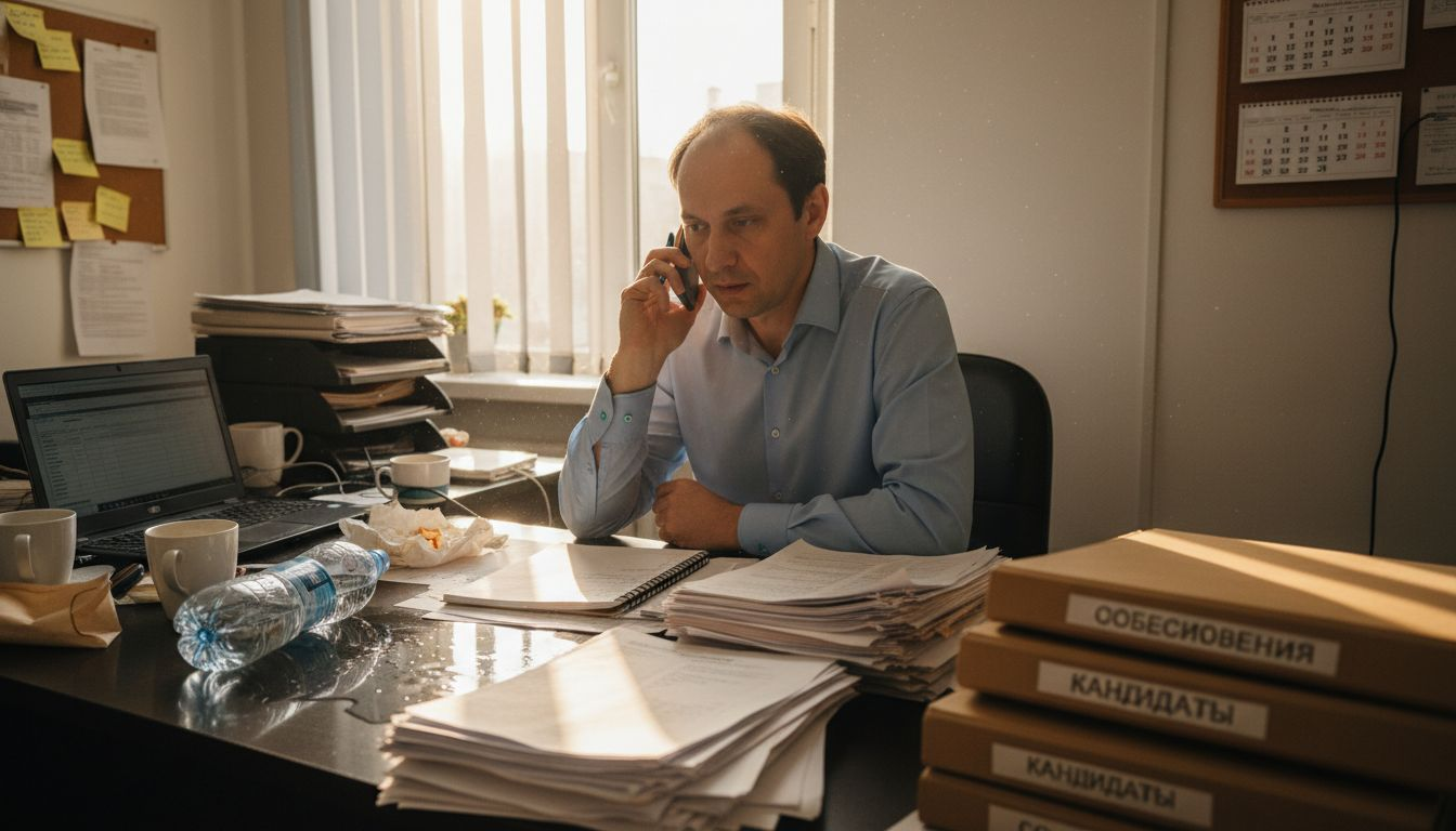 Рекрутер проводит телефонное собеседование за рабочим столом.