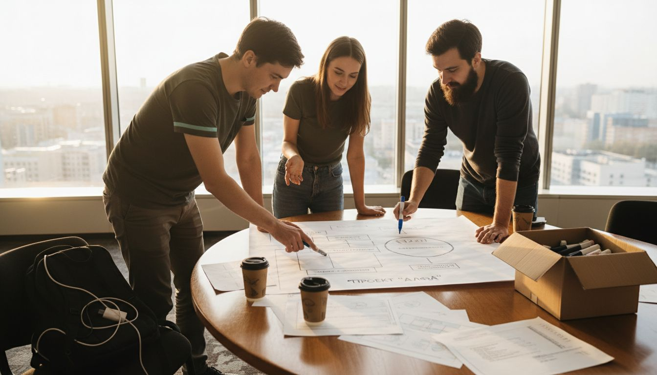 Коллектив обсуждает техническую задачу на рабочем совещании.