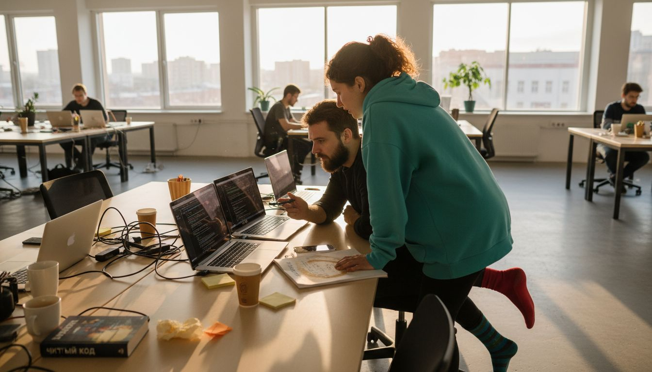 Команда разработчиков обсуждает рабочий код за ноутбуками.