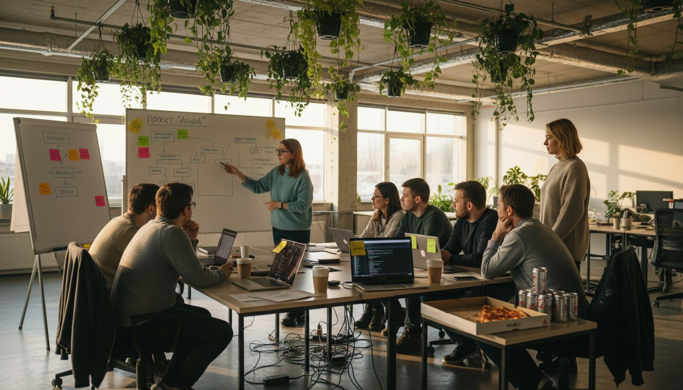 Айти-команда обсуждает рабочий проект в офисе с открытым пространством.