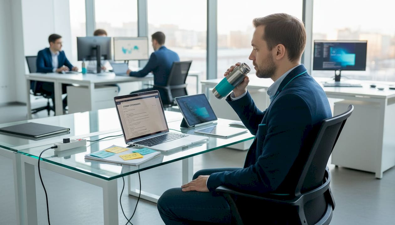 HR-специалист оценивает работу сотрудников в офисе IT-компании