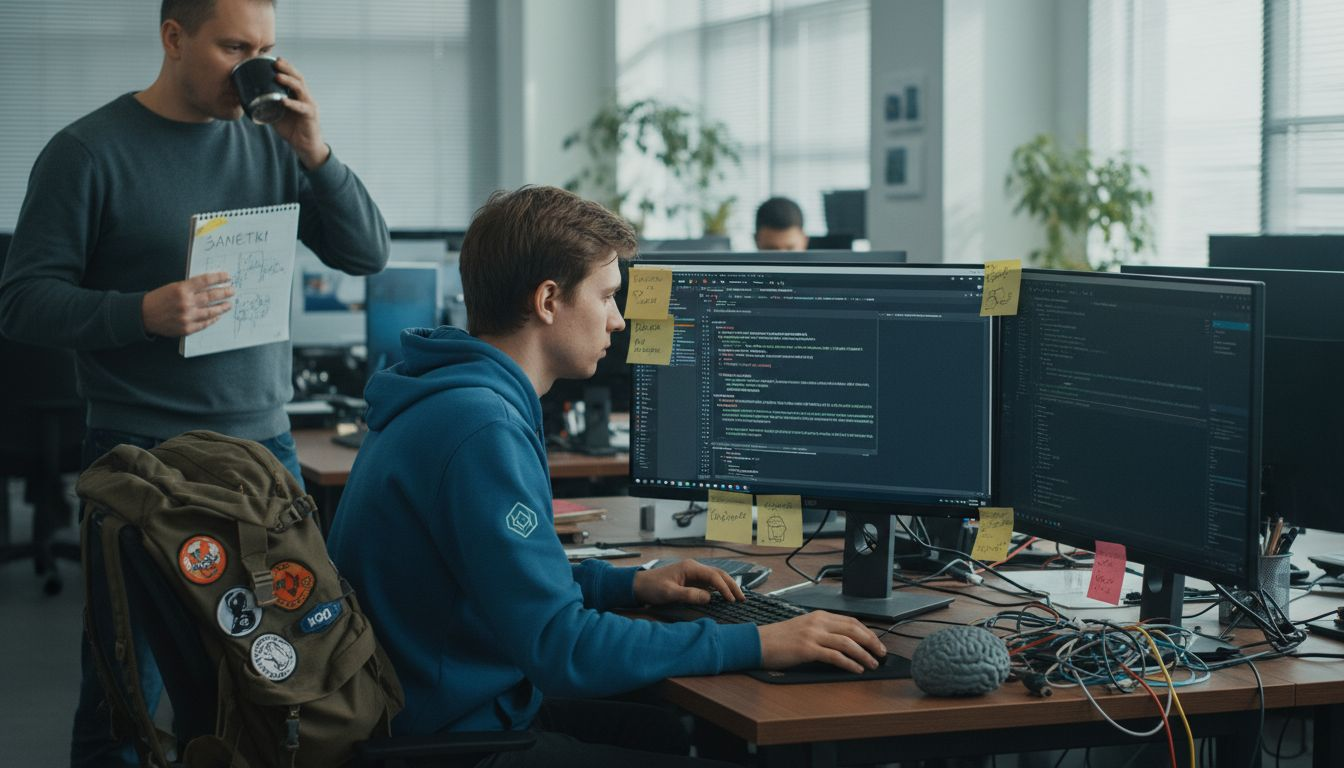 Разработчик вместе с коллегой разбирается в коде прямо в офисе.
