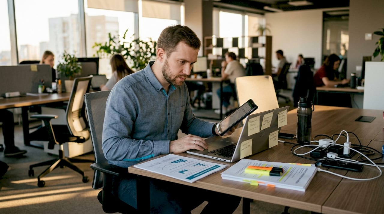 Рекрутер в офисе внимательно изучает отчёты по эффективности разных каналов найма.