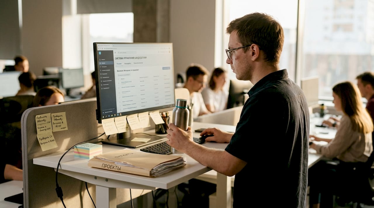 Рекрутер работает за компьютером, используя современные инструменты автоматизации для поиска и подбора сотрудников.