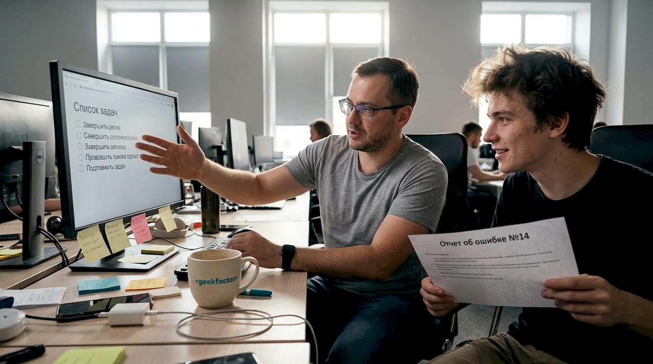 Руководитель IT-команды и специалист работают вместе над проектом.