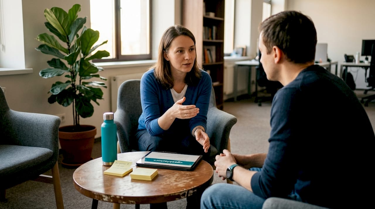 Сотрудники обсуждают новые идеи за чашкой кофе в неформальной обстановке офиса.