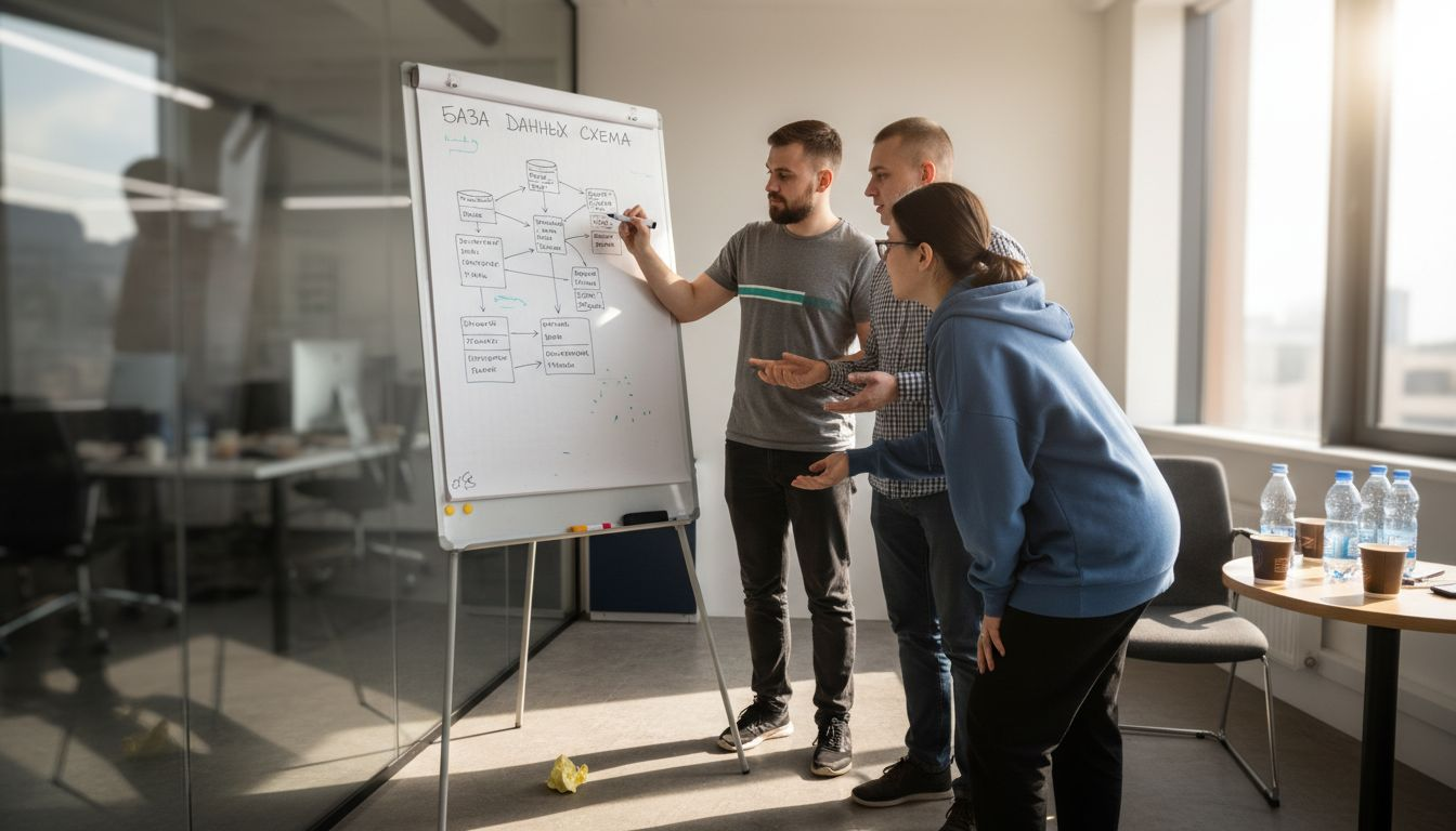 Команда бэкенд-разработчиков обсуждает рабочие вопросы