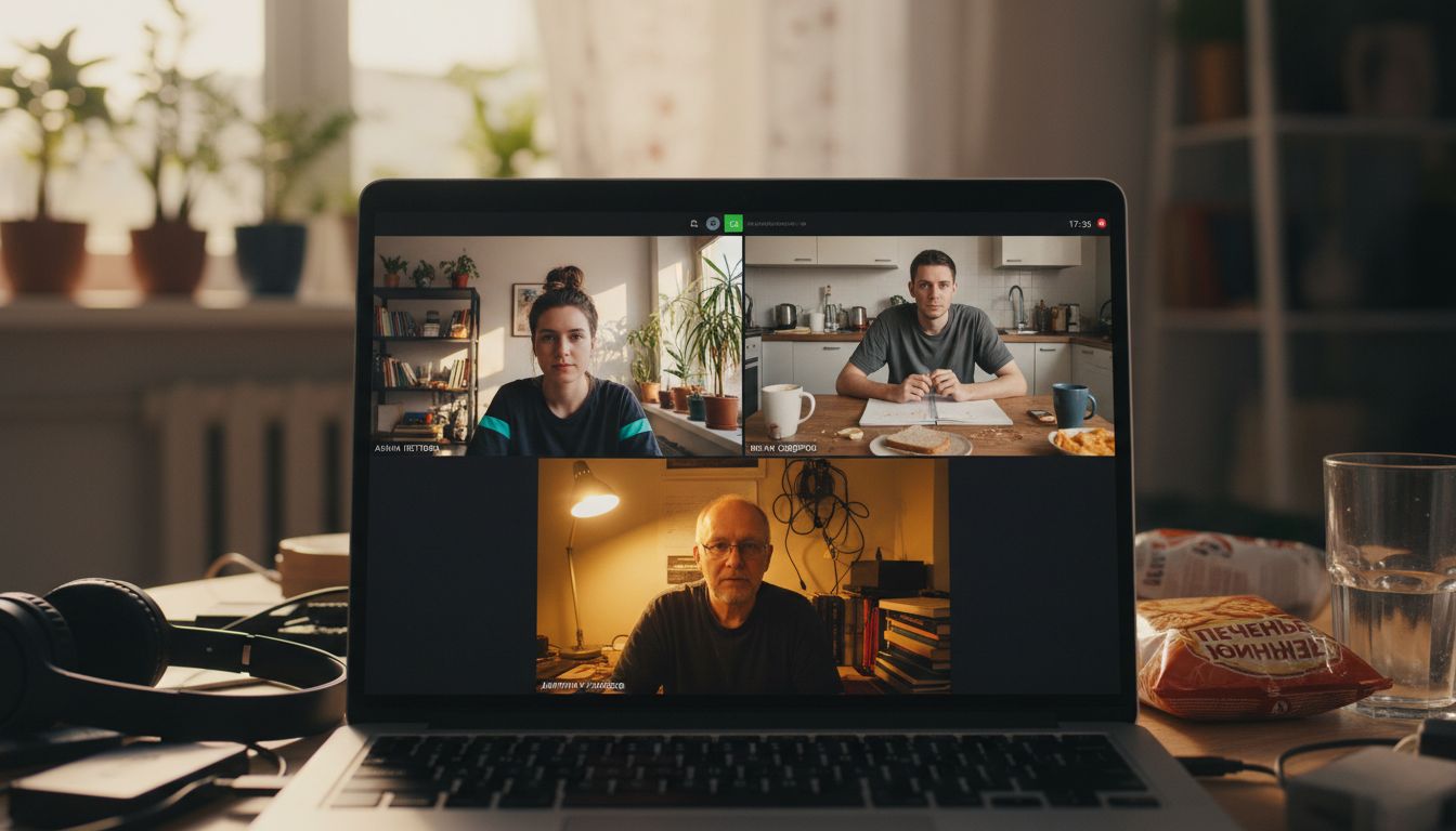 Удалённая команда айтишников обсуждает рабочие вопросы на видеоконференции.