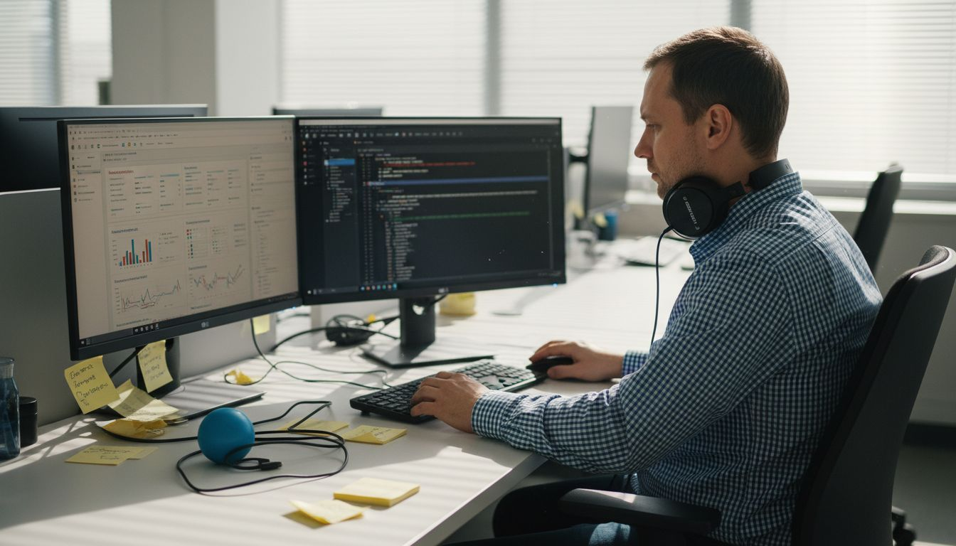 Айти-специалист за рабочим столом проводит анализ с помощью специальных инструментов оценки.