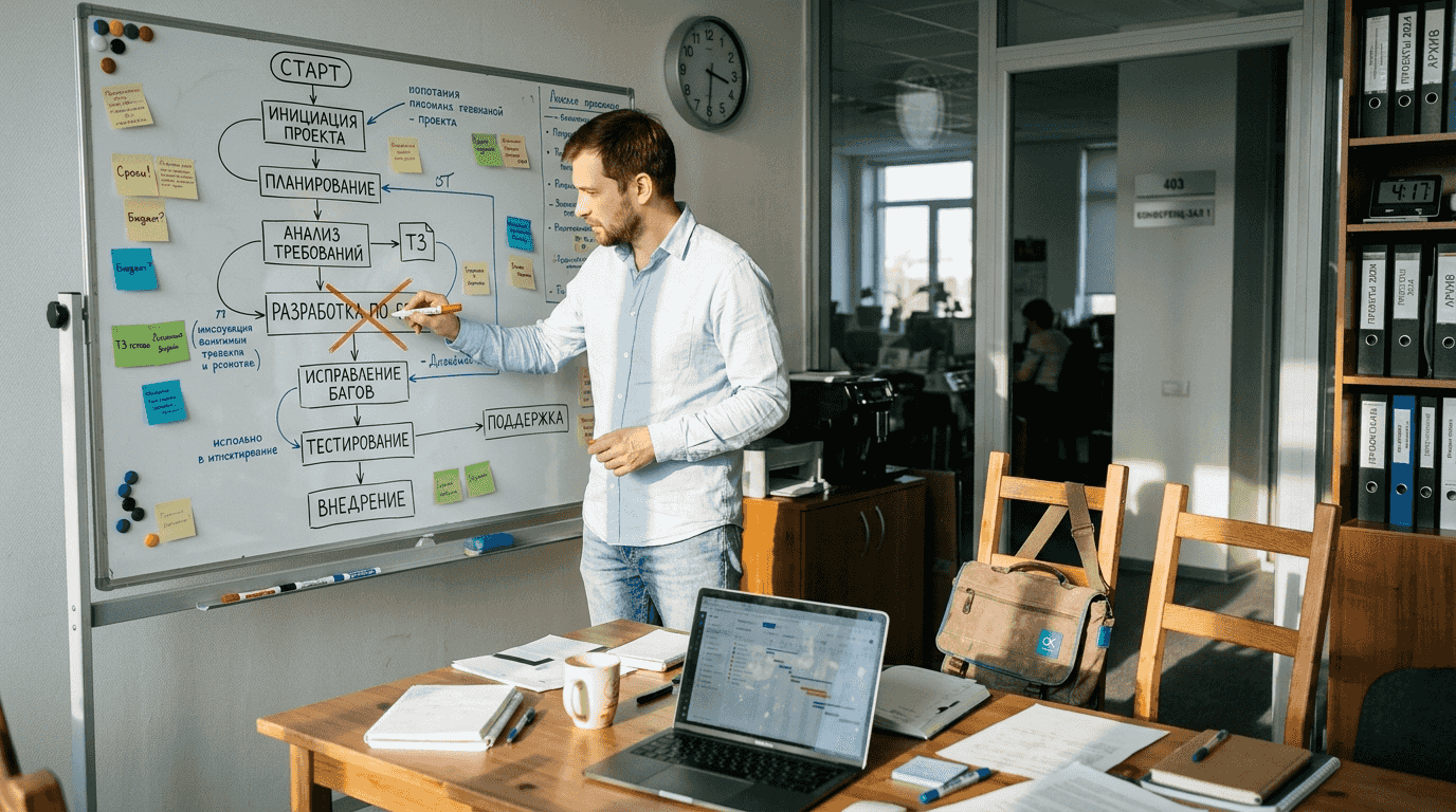 Руководитель проекта рисует схему работы на доске.