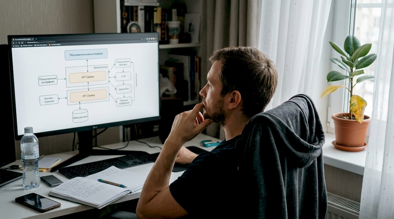 Инженер сидит дома за рабочим столом и внимательно изучает схему возможного развития своей карьеры.