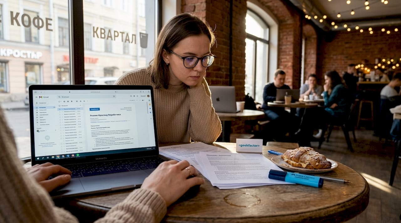 Рекрутер за чашкой кофе в кафе внимательно просматривает резюме кандидатов на фронтенд-разработку.