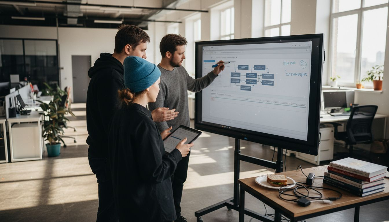Команда айтишников собралась у электронной доски для обсуждения рабочих вопросов.