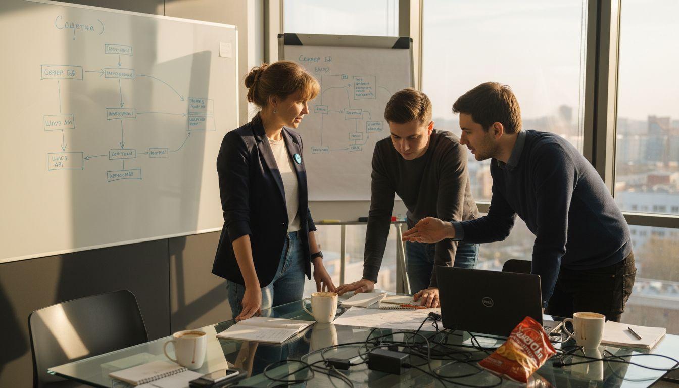 Команда обсуждает схемы архитектуры решения