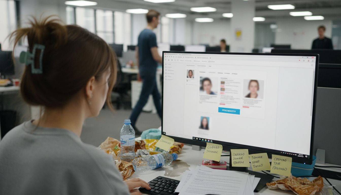 Эйчар сидит в открытом офисе и листает профили кандидатов на компьютере.