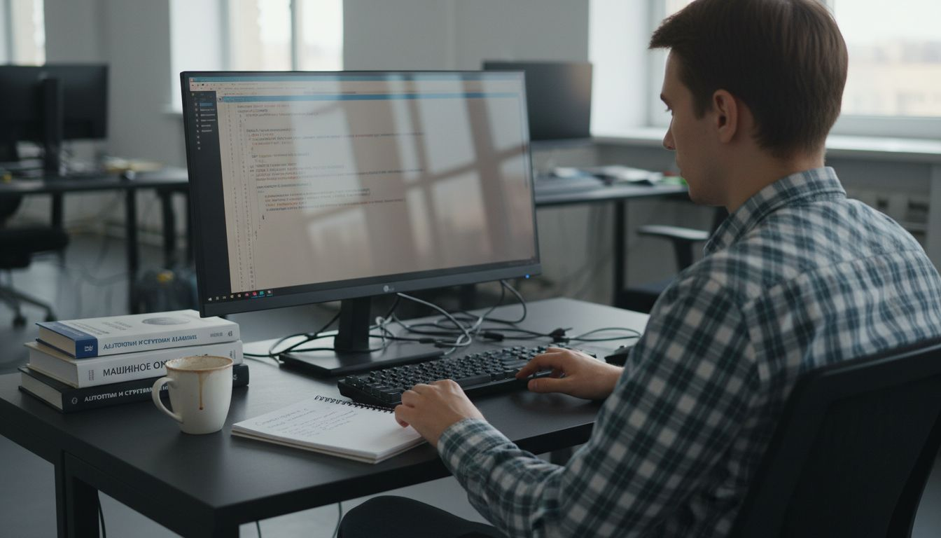 Рабочее место айти-специалиста: мониторы с кодом, клавиатура, блокнот с заметками и атмосфера сосредоточенной работы.