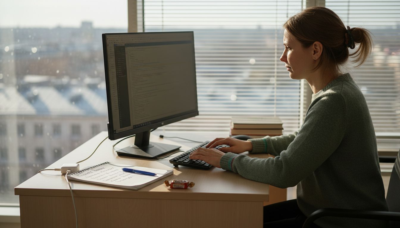 Составляю вакансию для IT-специалиста, сидя за офисным столом.