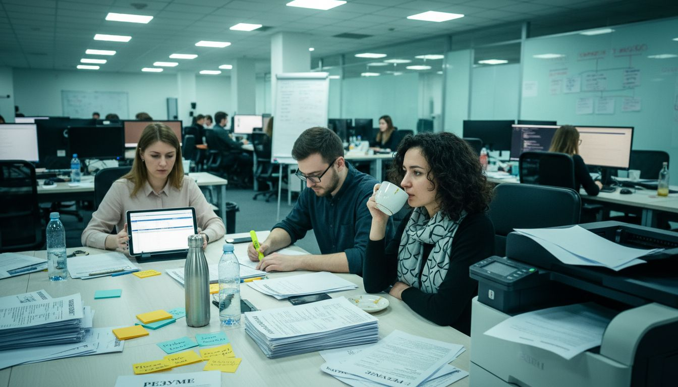 Команда обсуждает кандидатов на IT-вакансии за круглым столом.