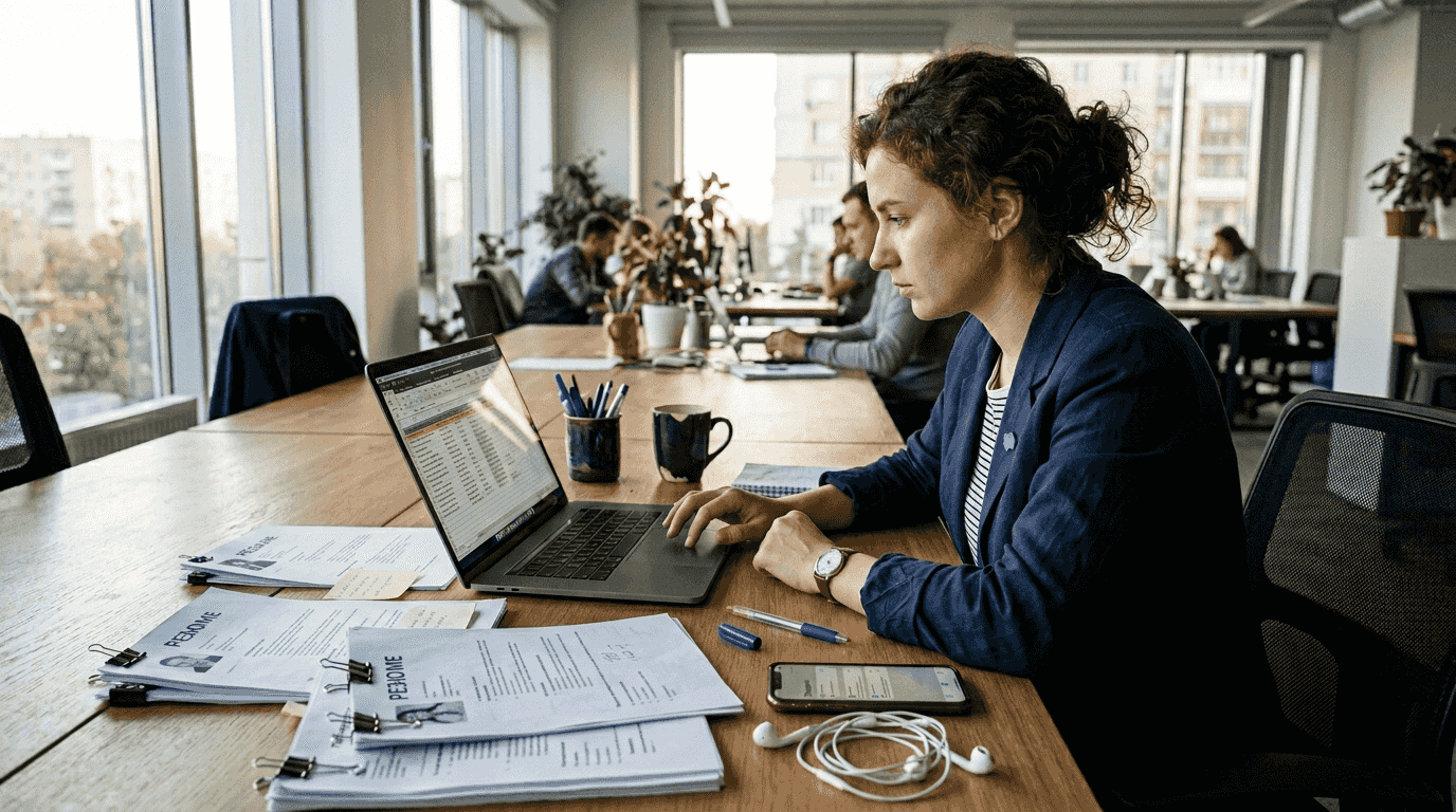 Эйчар просматривает резюме за рабочим столом