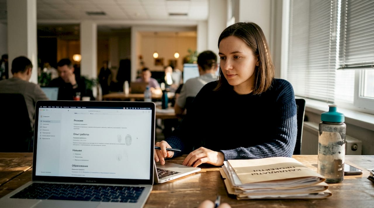 Женщина просматривает профили сотрудников в IT-компании