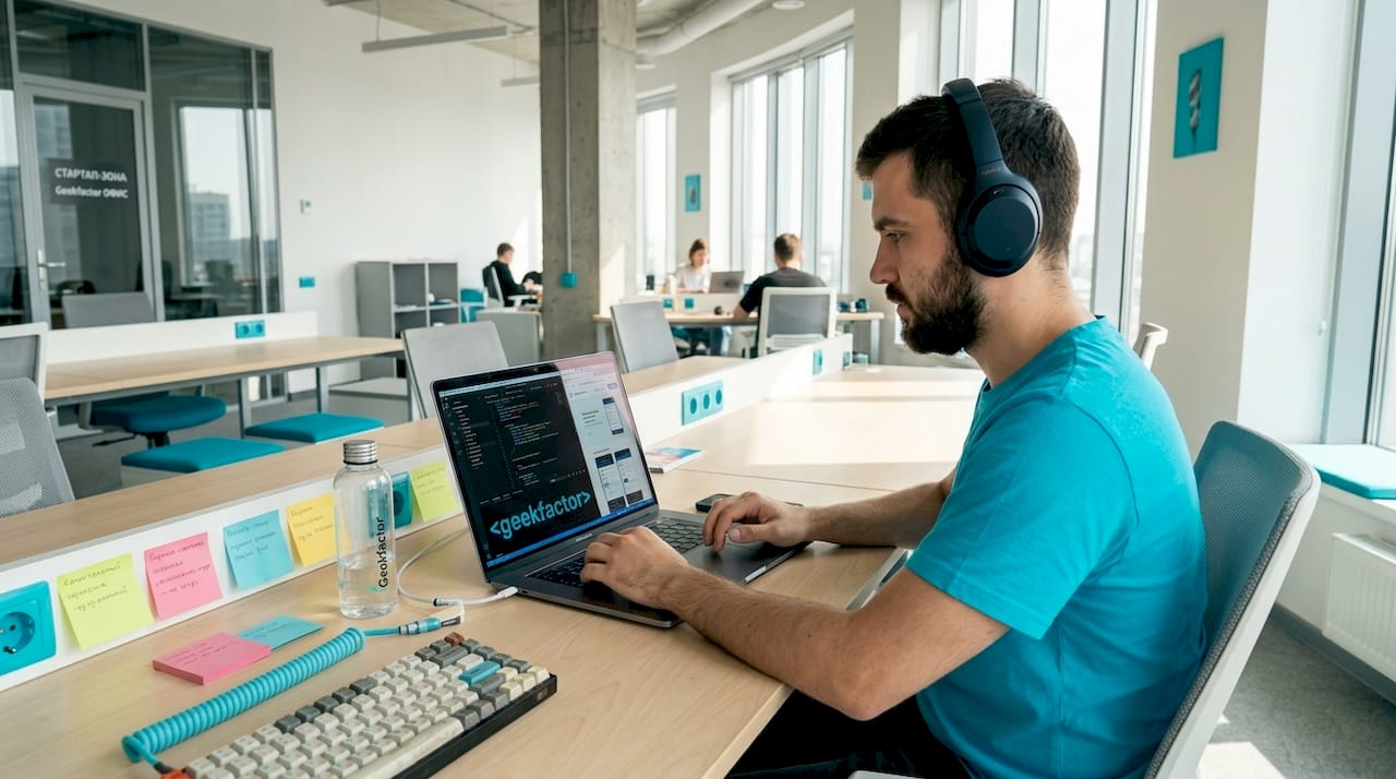 Фронтенд-разработчик за работой в офисе, перед ним два монитора.